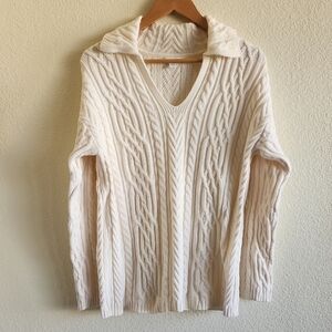 J Jill Cream Cotton Blend Cable Knit Collar Sweater Size Medium